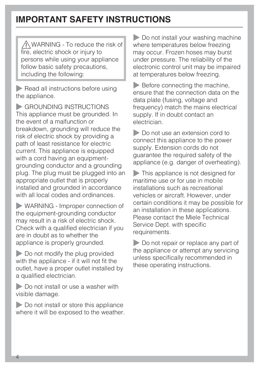 Miele W 3037 installation instructions Important Safety Instructions 