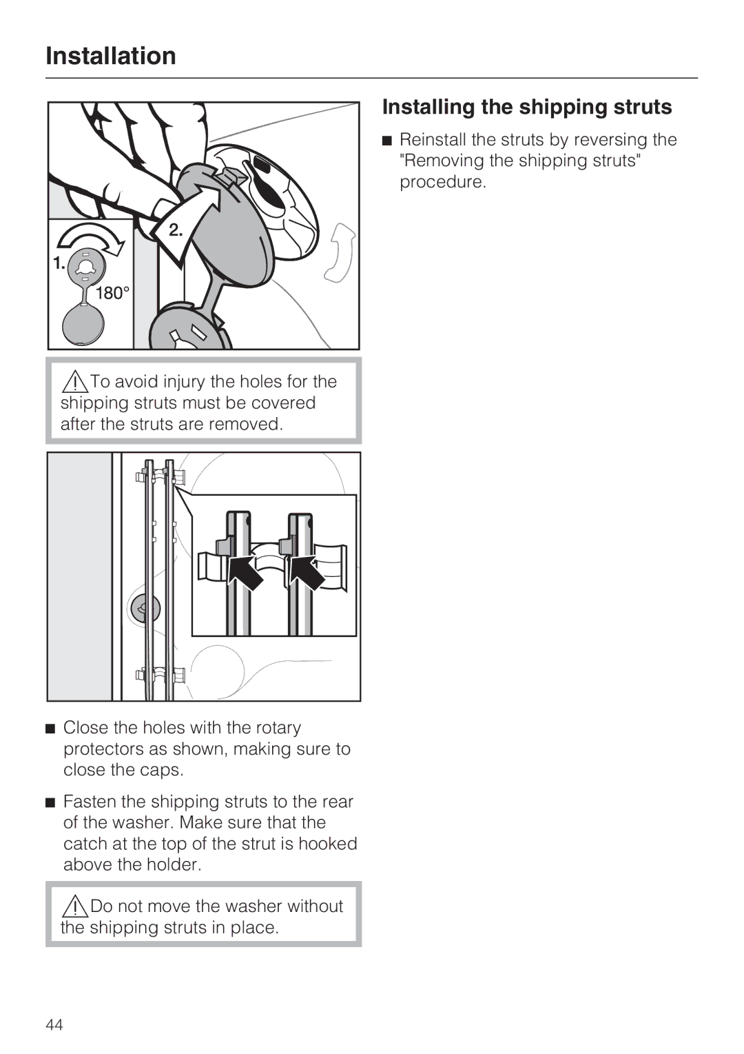 Miele W 3037 installation instructions Installing the shipping struts 