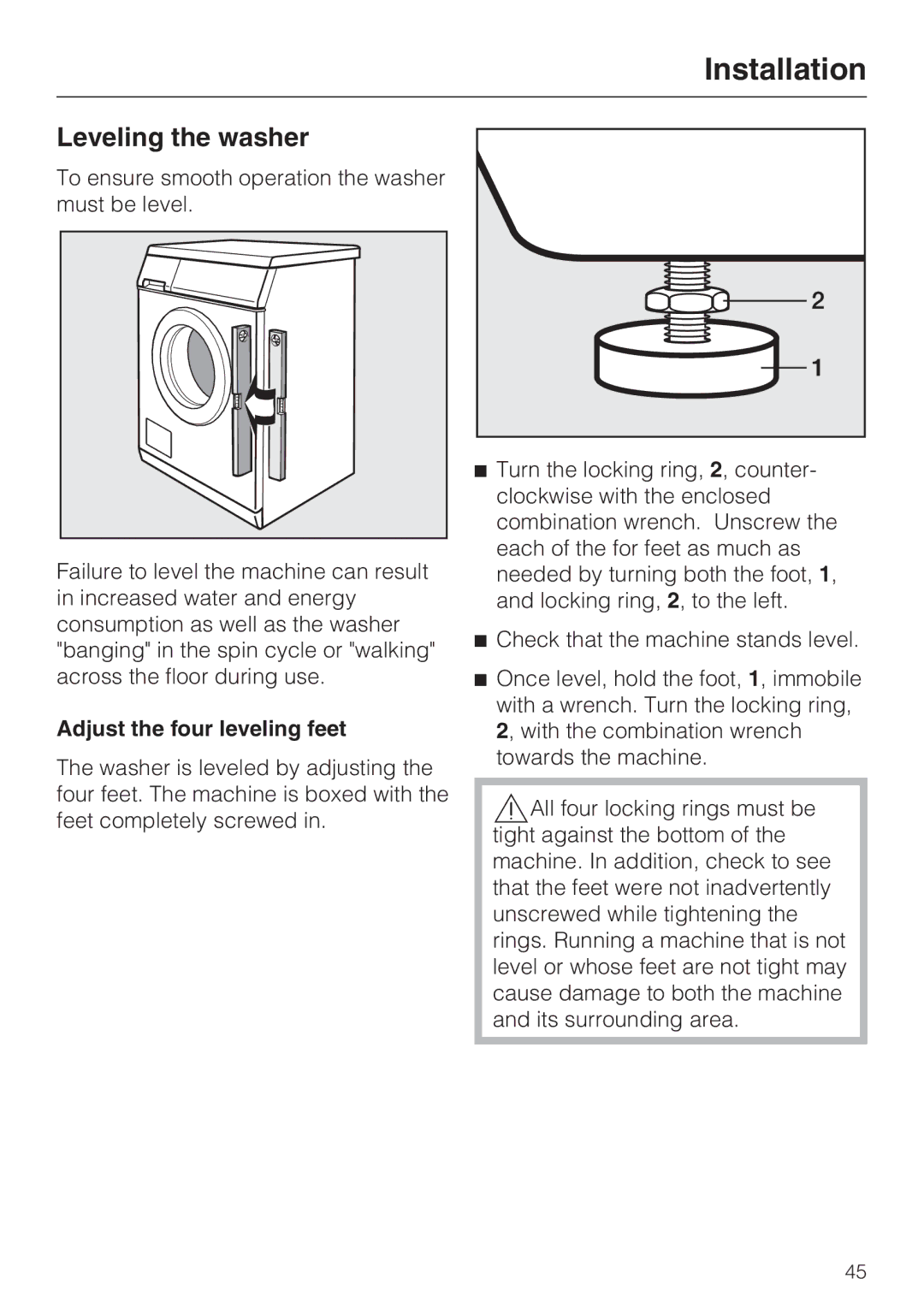 Miele W 3037 installation instructions Leveling the washer, Adjust the four leveling feet 