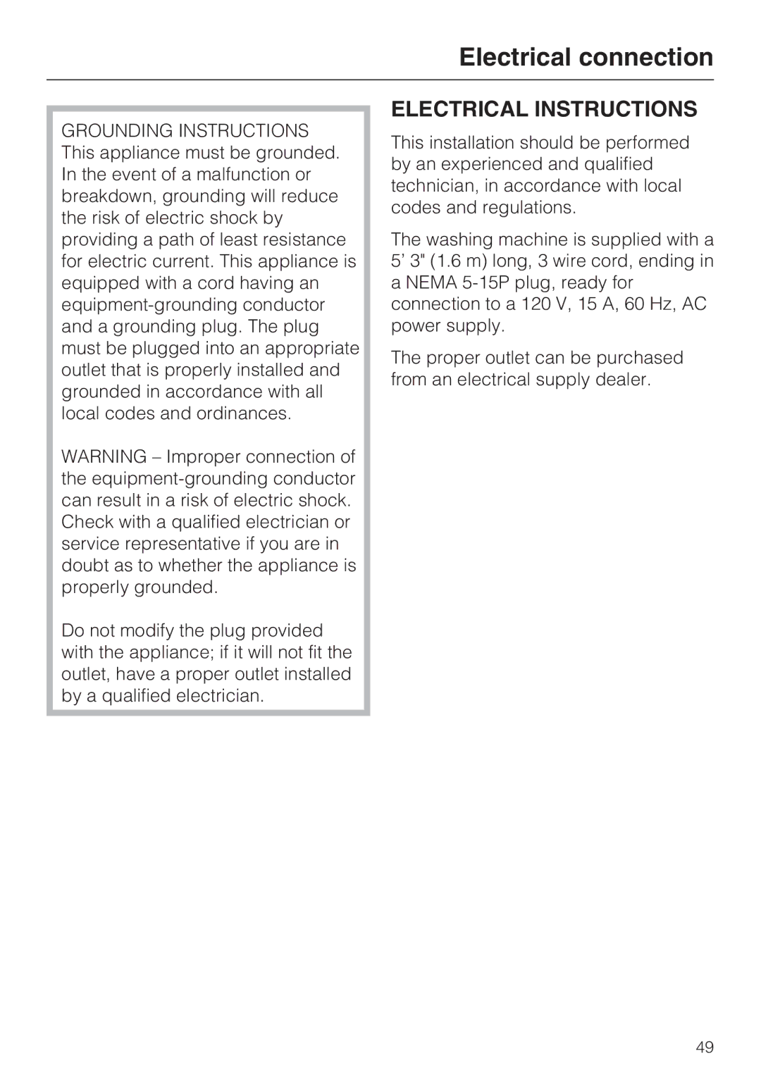 Miele W 3037 installation instructions Electrical connection, Electrical Instructions 