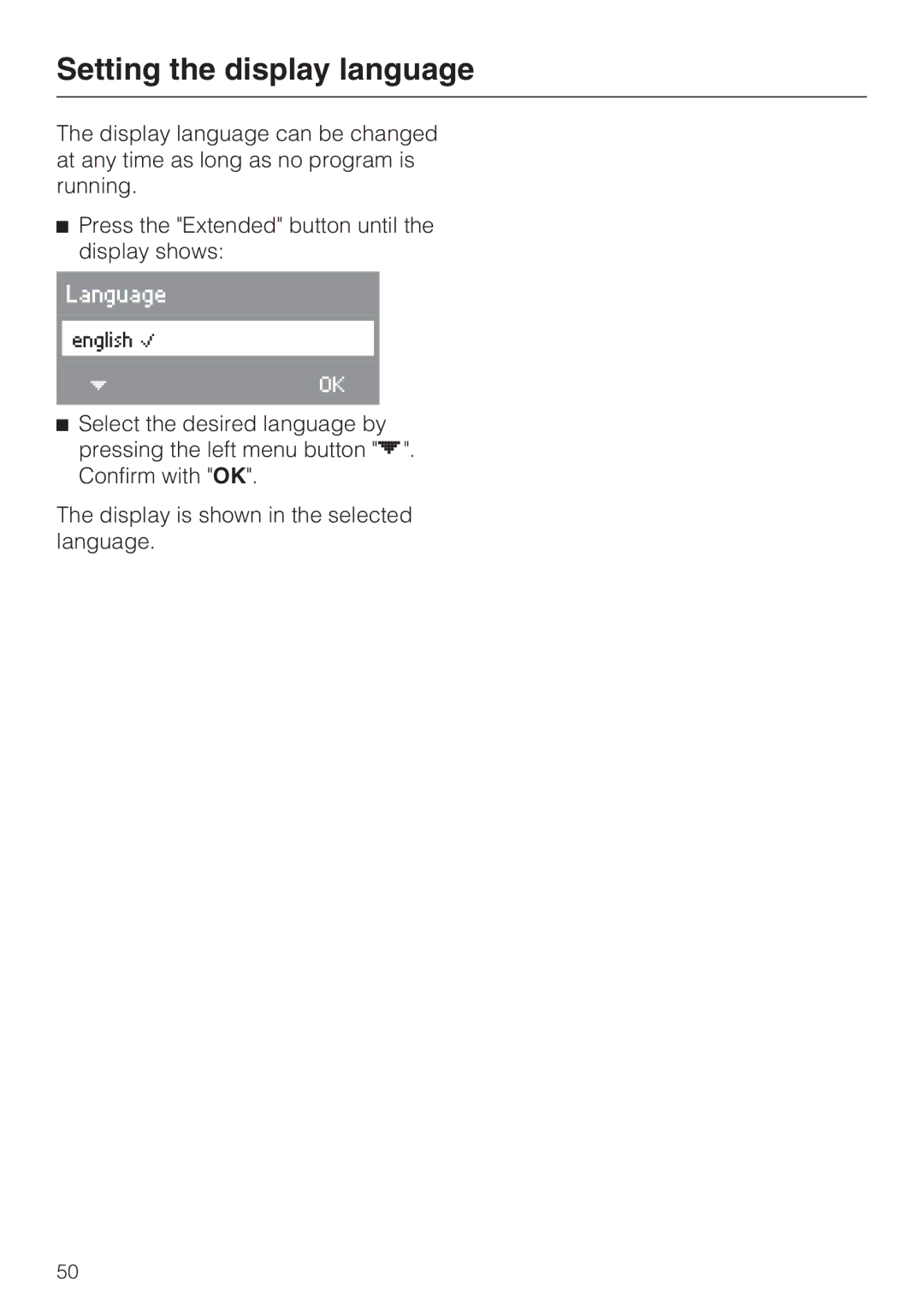 Miele W 3037 installation instructions Setting the display language 