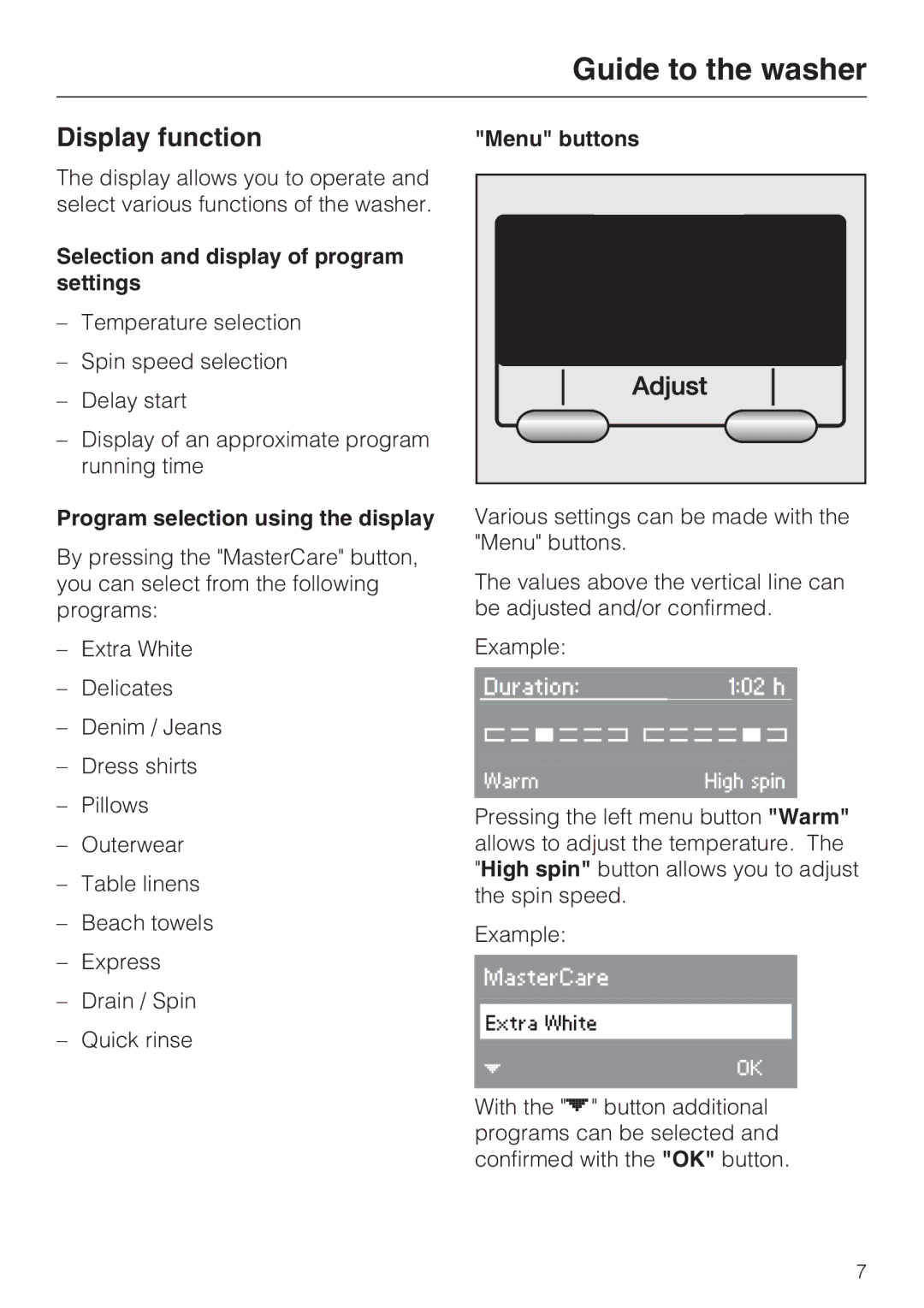 Miele W 3037 Display function, Selection and display of program settings, Program selection using the display 