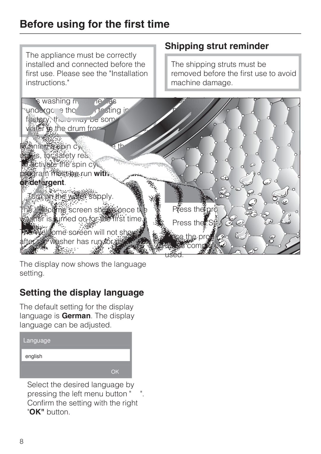 Miele W 3037 Before using for the first time, Setting the display language, Shipping strut reminder 