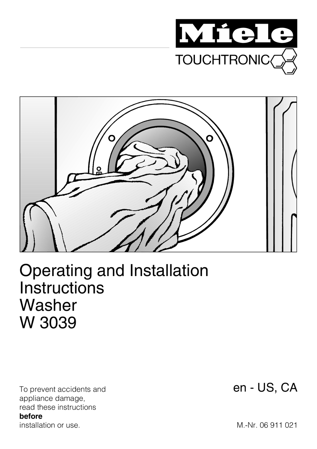 Miele W 3039 installation instructions Operating and Installation Instructions Washer 3039 