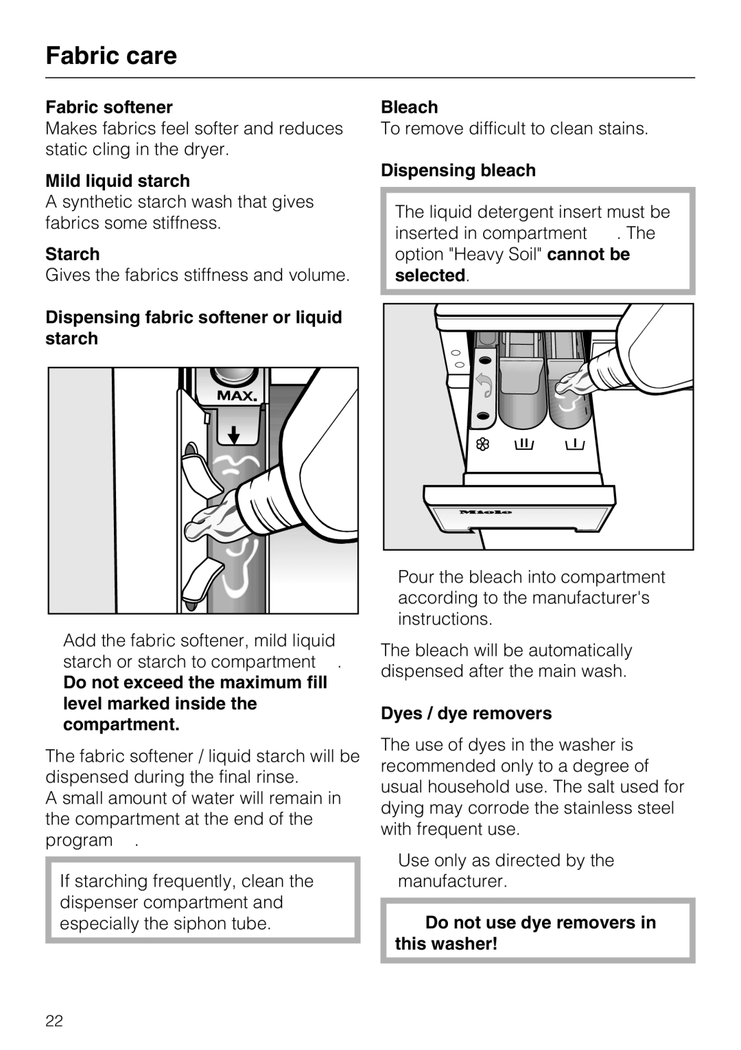 Miele W 3039 installation instructions Fabric care 