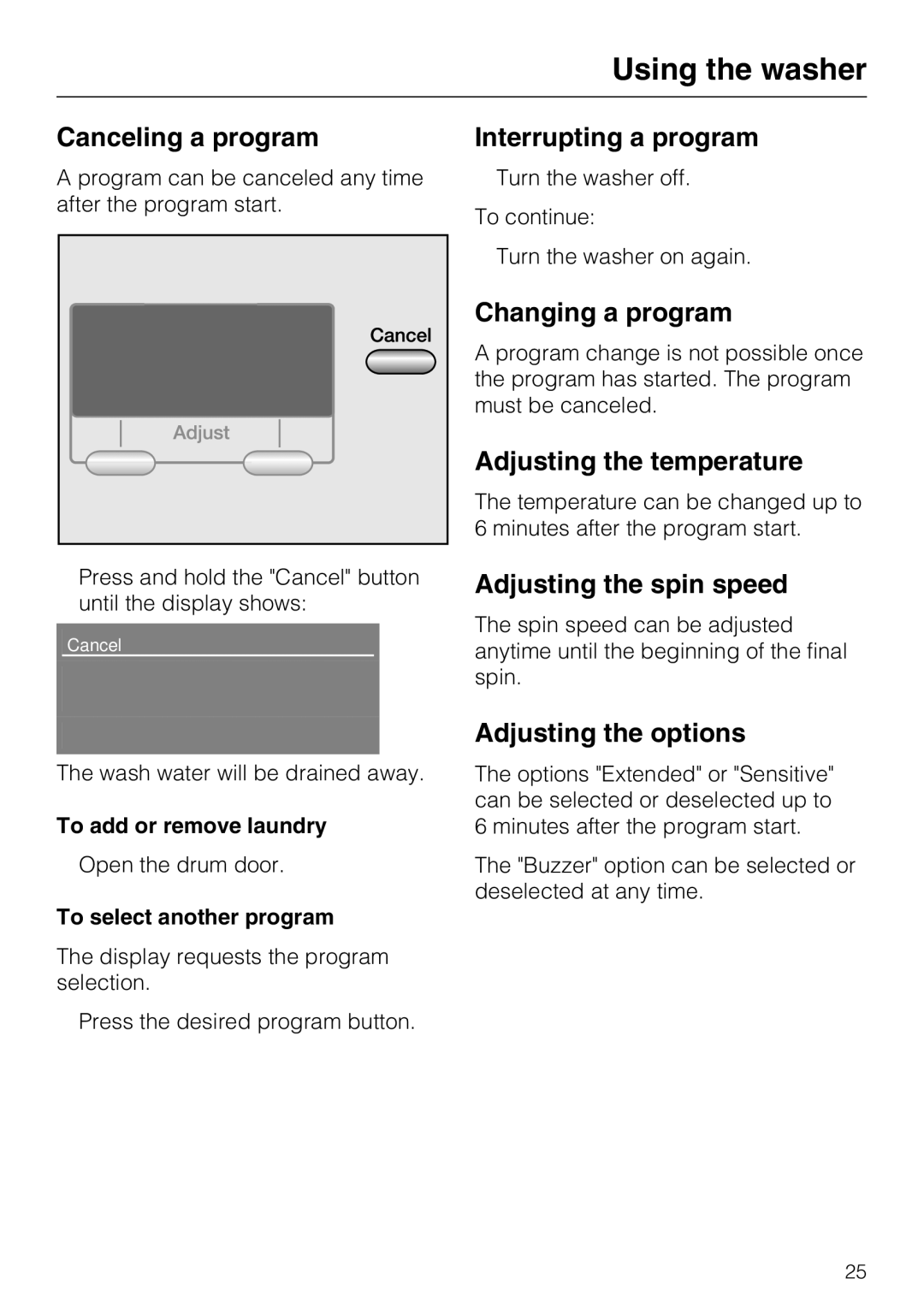 Miele W 3039 Canceling a program, Interrupting a program, Changing a program, Adjusting the temperature 