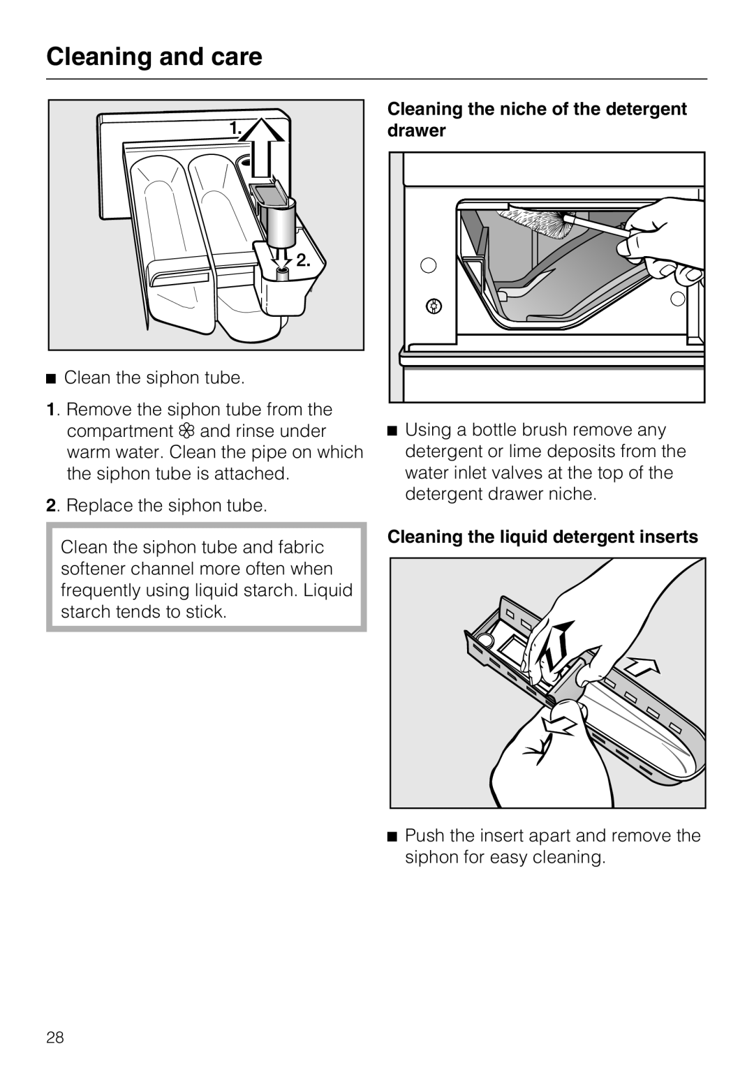 Miele W 3039 installation instructions Cleaning the niche of the detergent drawer, Cleaning the liquid detergent inserts 