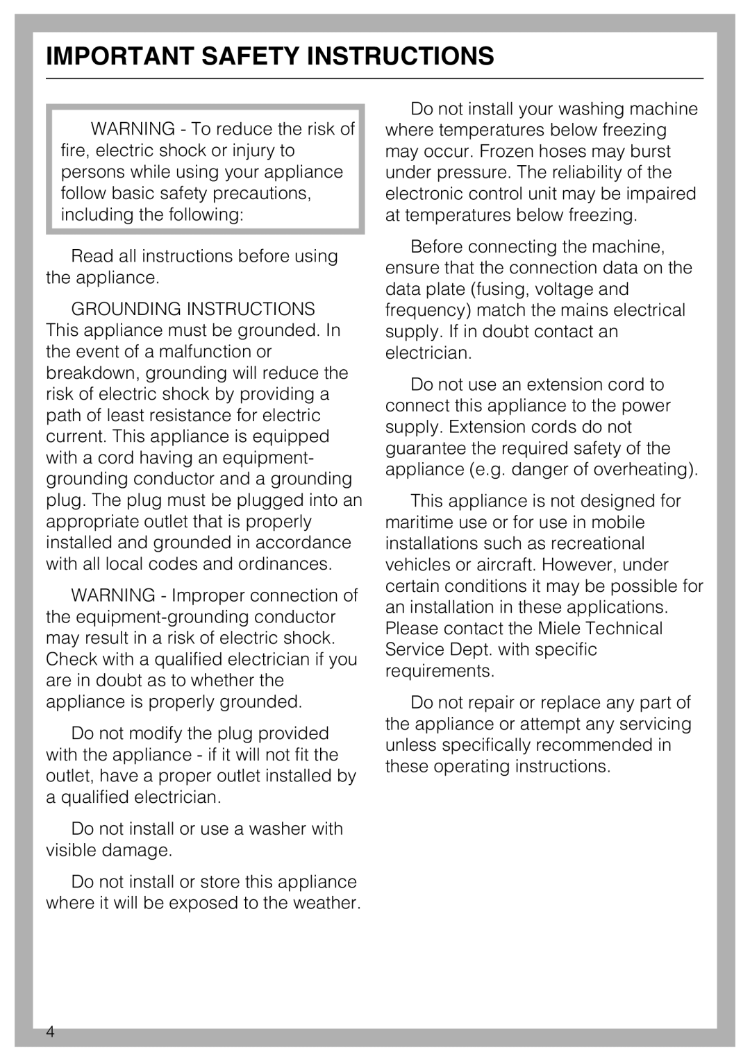 Miele W 3039 installation instructions Important Safety Instructions 