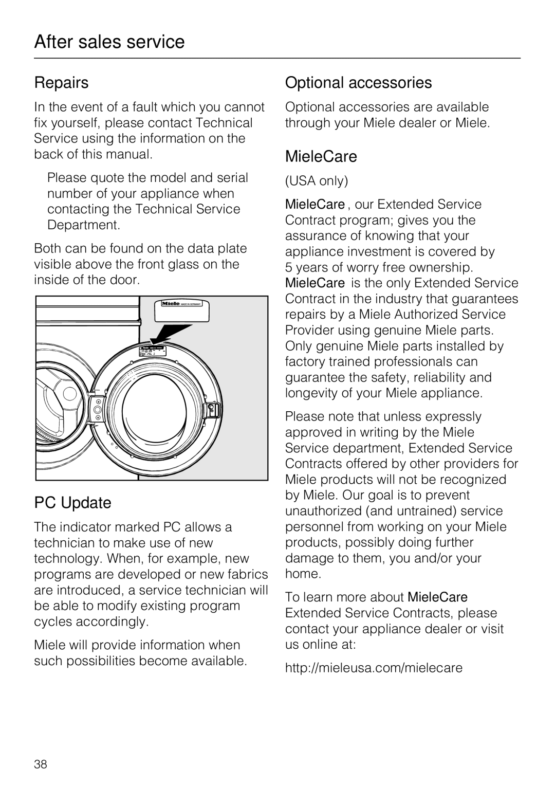 Miele W 3039 installation instructions After sales service, Repairs, PC Update, Optional accessories, MieleCare 