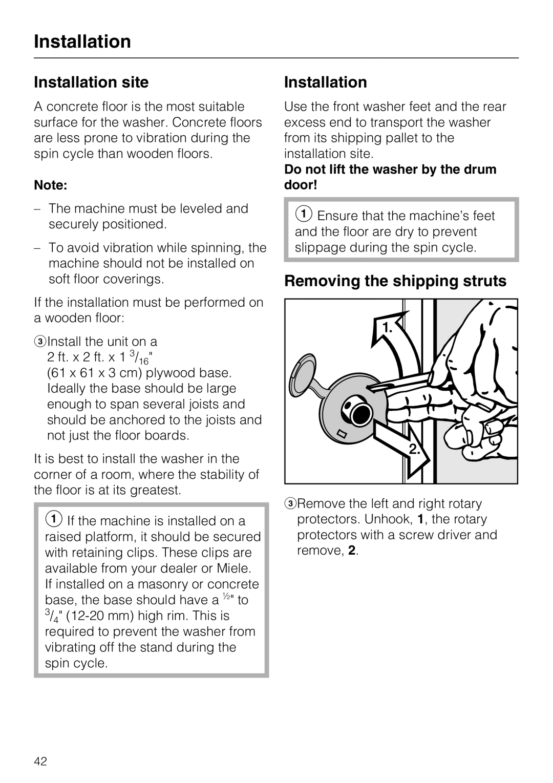 Miele W 3039 Installation site, Removing the shipping struts, Do not lift the washer by the drum door 