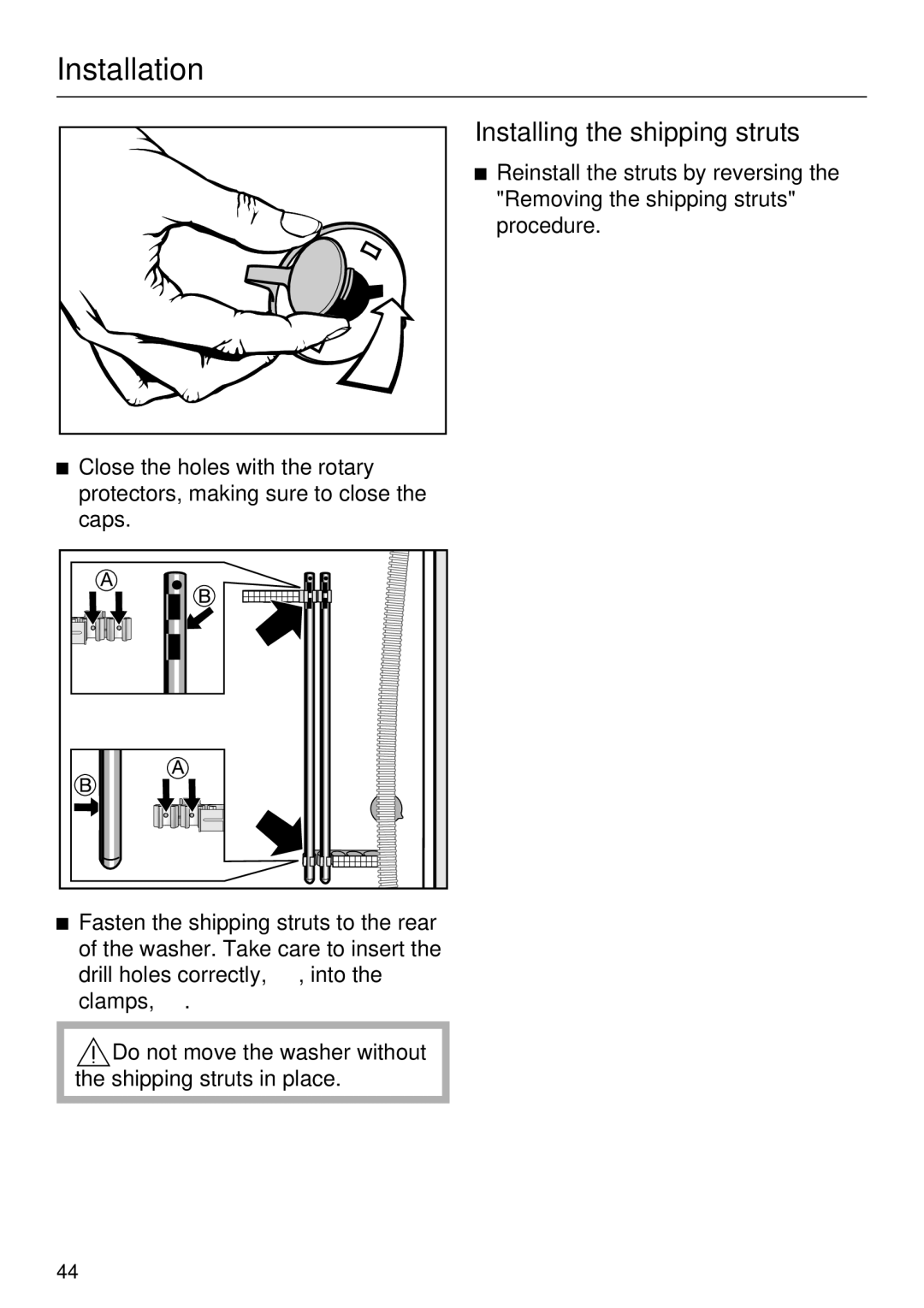 Miele W 3039 installation instructions Installing the shipping struts 