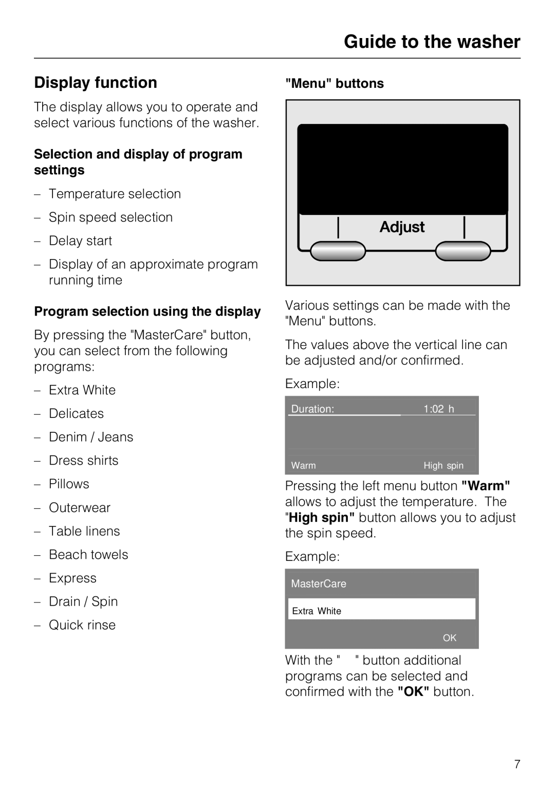 Miele W 3039 Display function, Selection and display of program settings, Program selection using the display 