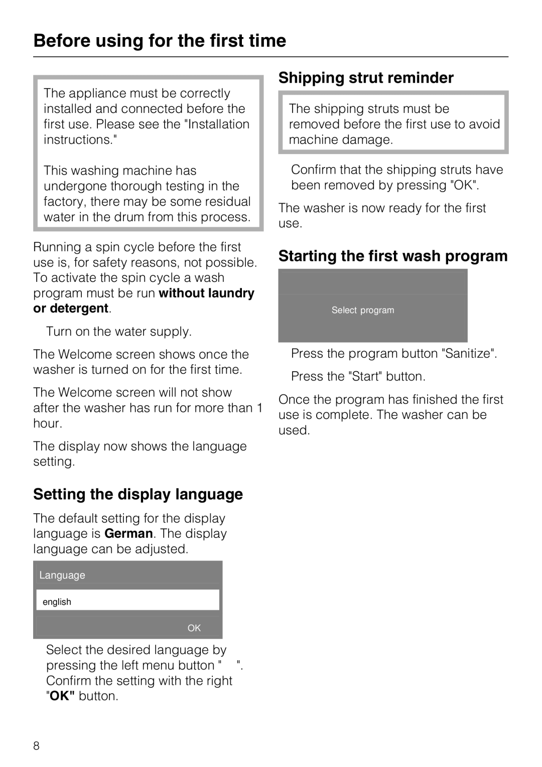 Miele W 3039 Before using for the first time, Setting the display language, Shipping strut reminder 