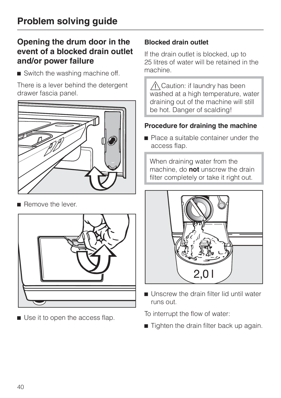 Miele W 3364 WPS operating instructions Blocked drain outlet, Procedure for draining the machine, Remove the lever 