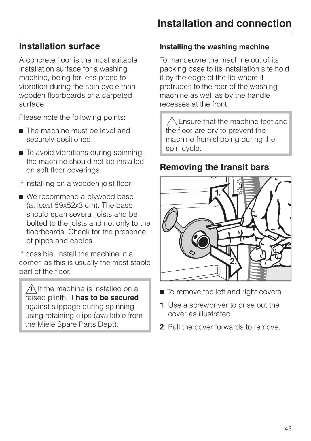 Miele W 3364 WPS operating instructions Installation surface, Removing the transit bars, Installing the washing machine 