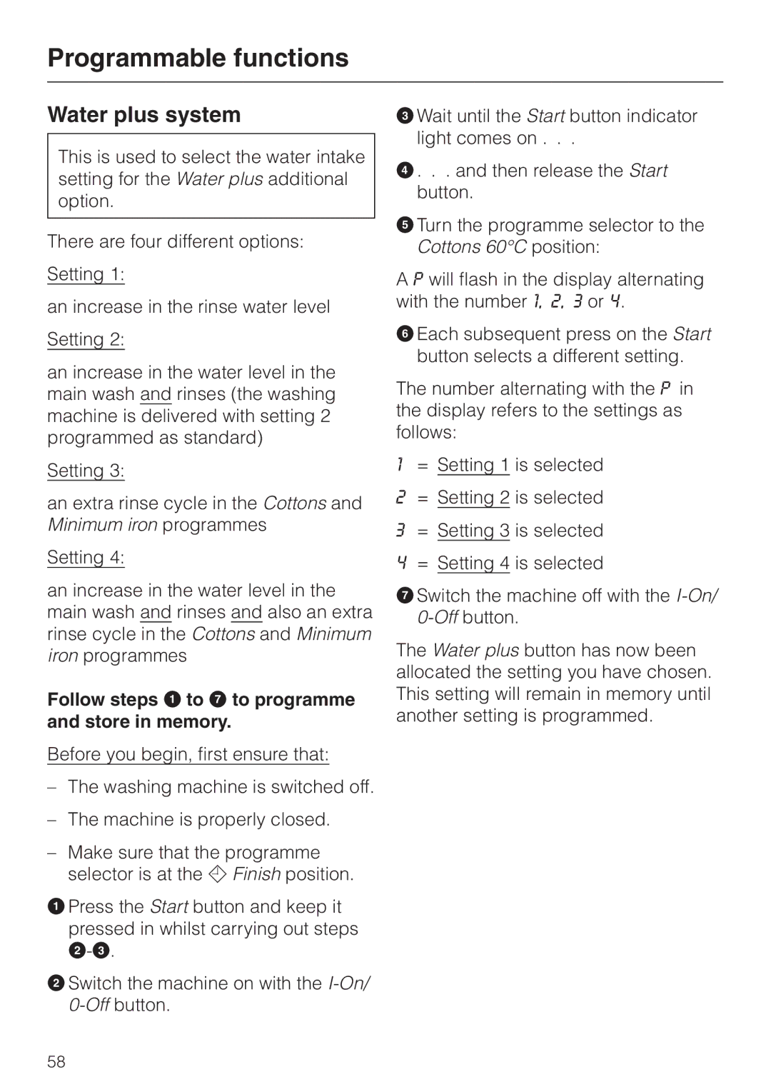 Miele W 3364 WPS Programmable functions, Water plus system, Follow steps a to G to programme and store in memory 