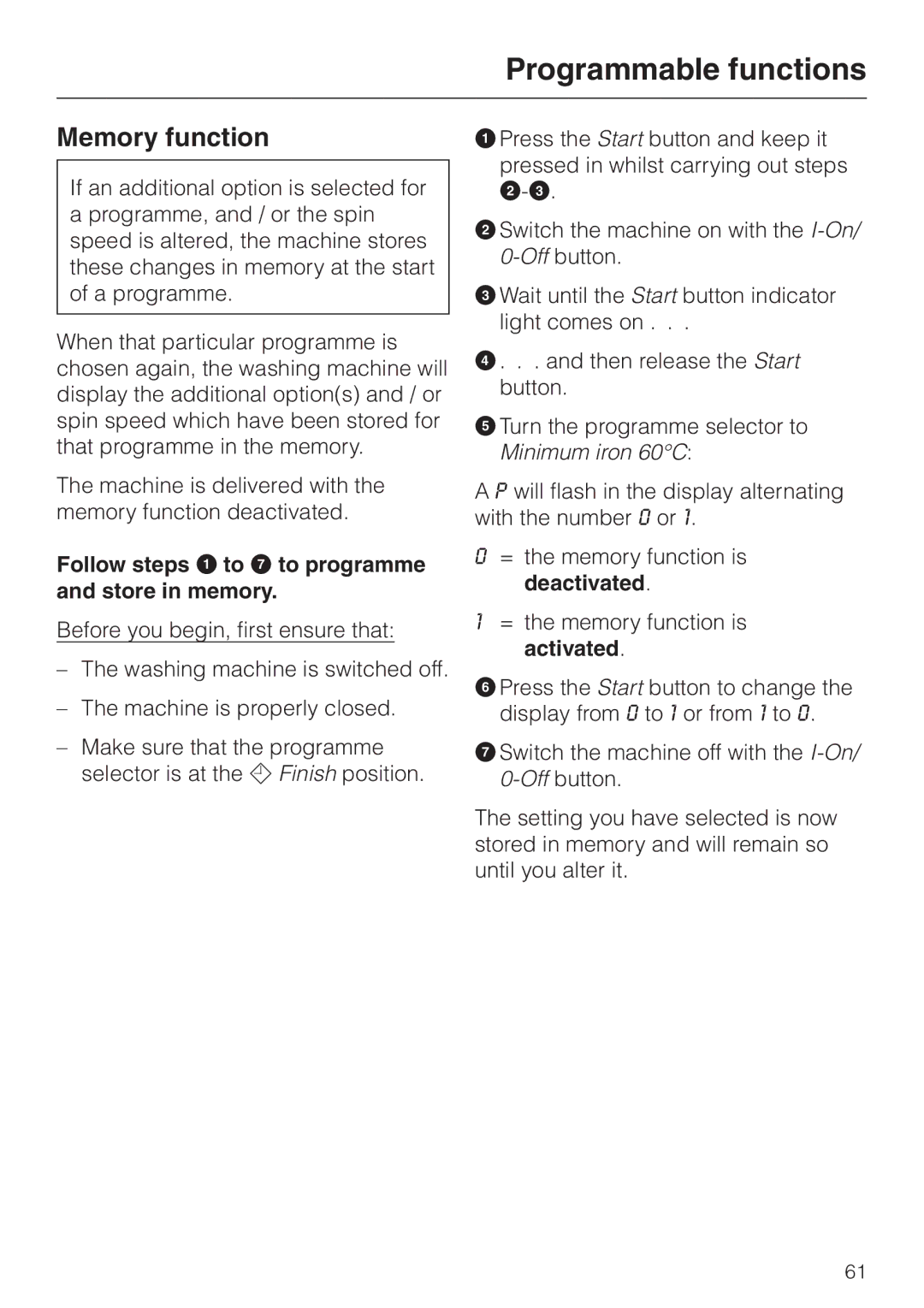 Miele W 3364 WPS operating instructions Memory function 