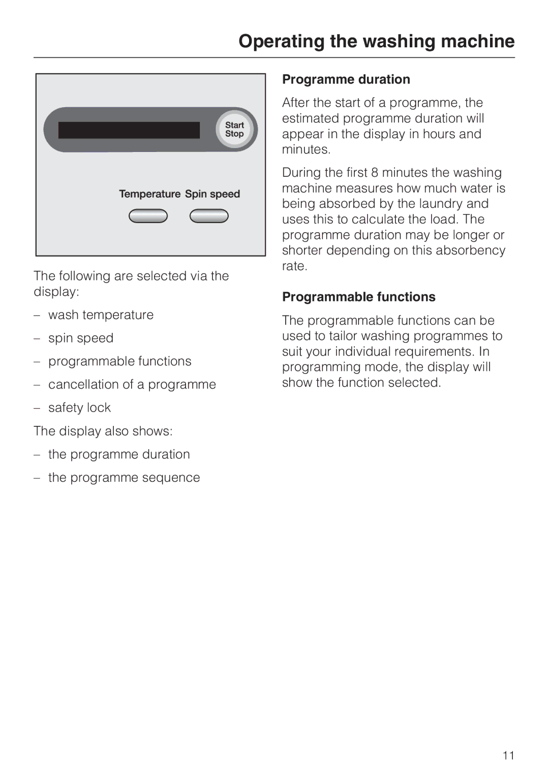 Miele W 3740 operating instructions Programme duration, Programmable functions 