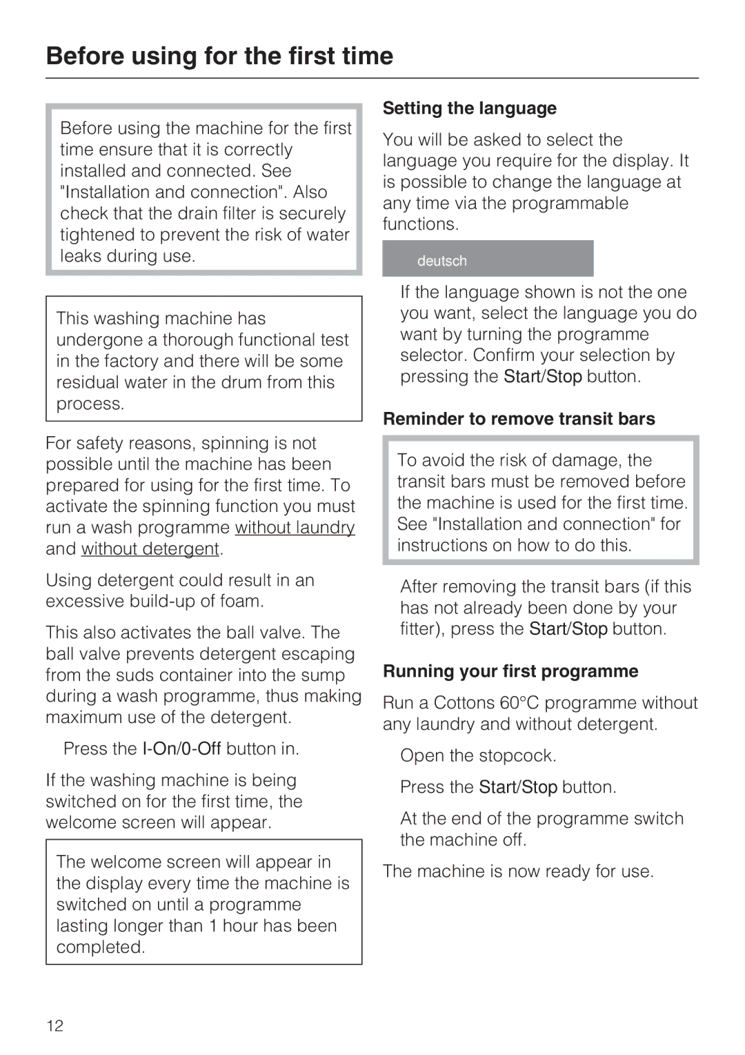 Miele W 3740 operating instructions Before using for the first time, Setting the language, Reminder to remove transit bars 