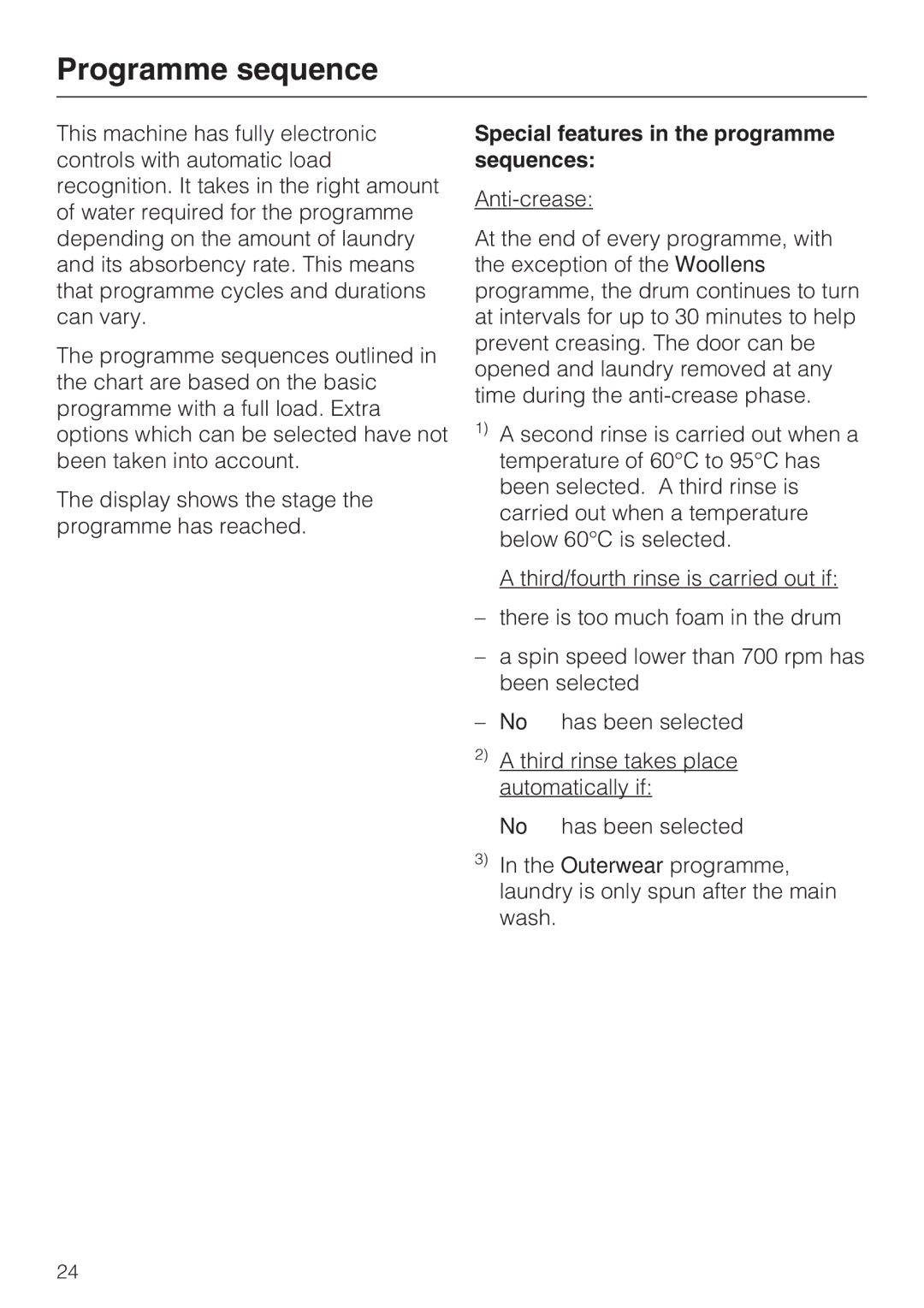 Miele W 3740 operating instructions Special features in the programme sequences 