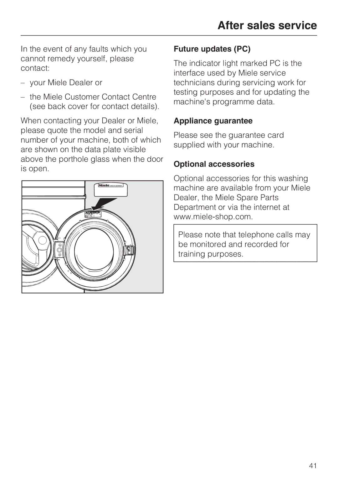 Miele W 3740 operating instructions After sales service, Future updates PC, Appliance guarantee, Optional accessories 