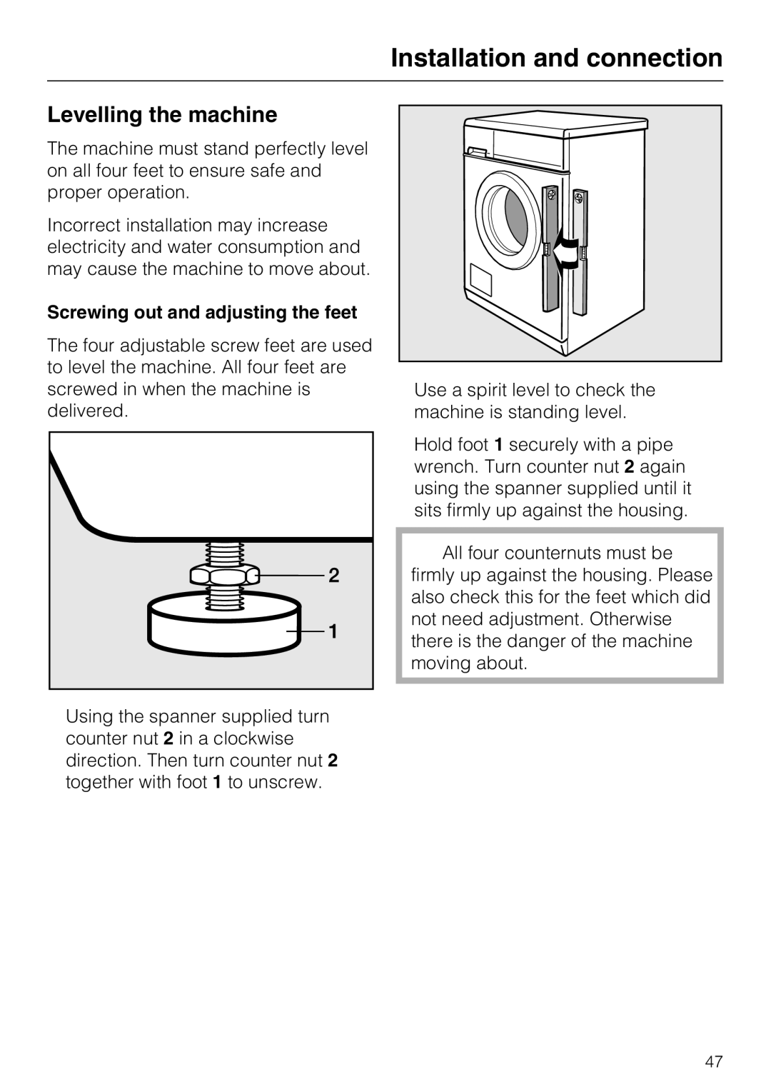 Miele W 3740 operating instructions Levelling the machine, Screwing out and adjusting the feet 