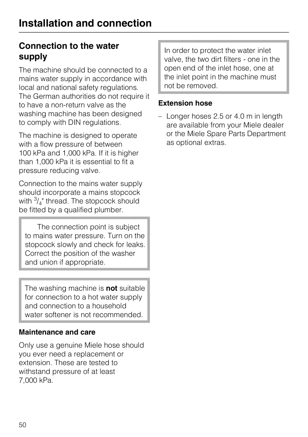 Miele W 3740 operating instructions Connection to the water supply, Maintenance and care, Extension hose 