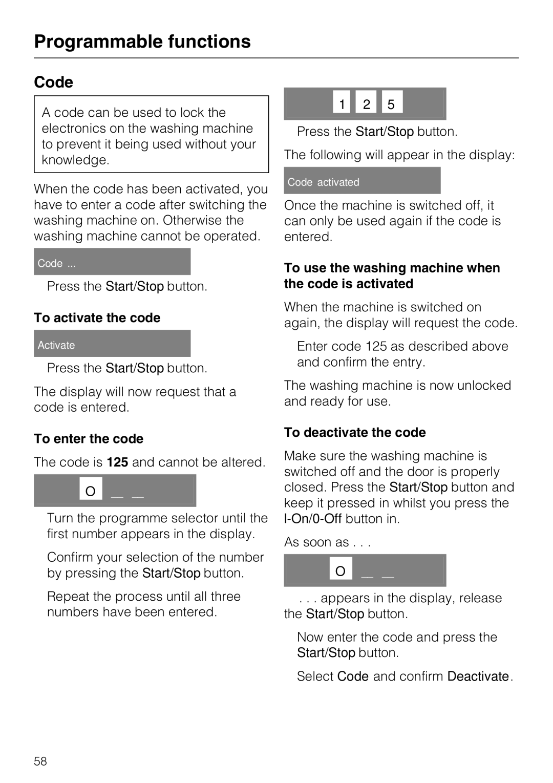 Miele W 3740 Code, To activate the code, To enter the code, To use the washing machine when the code is activated 