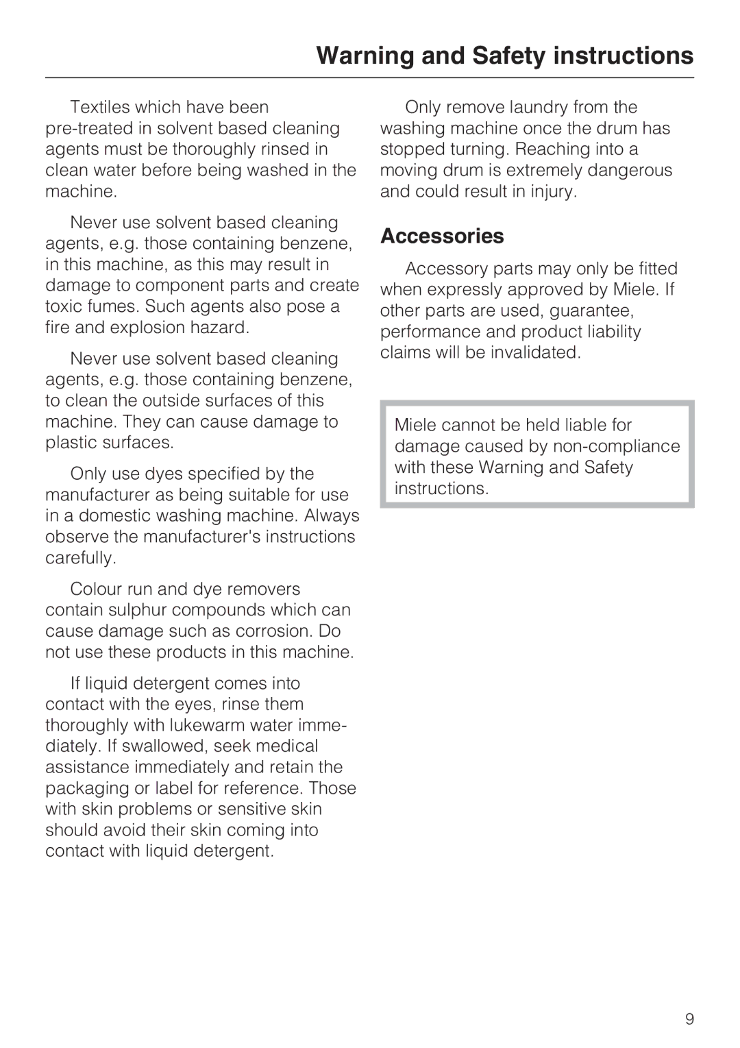 Miele W 3740 operating instructions Accessories 