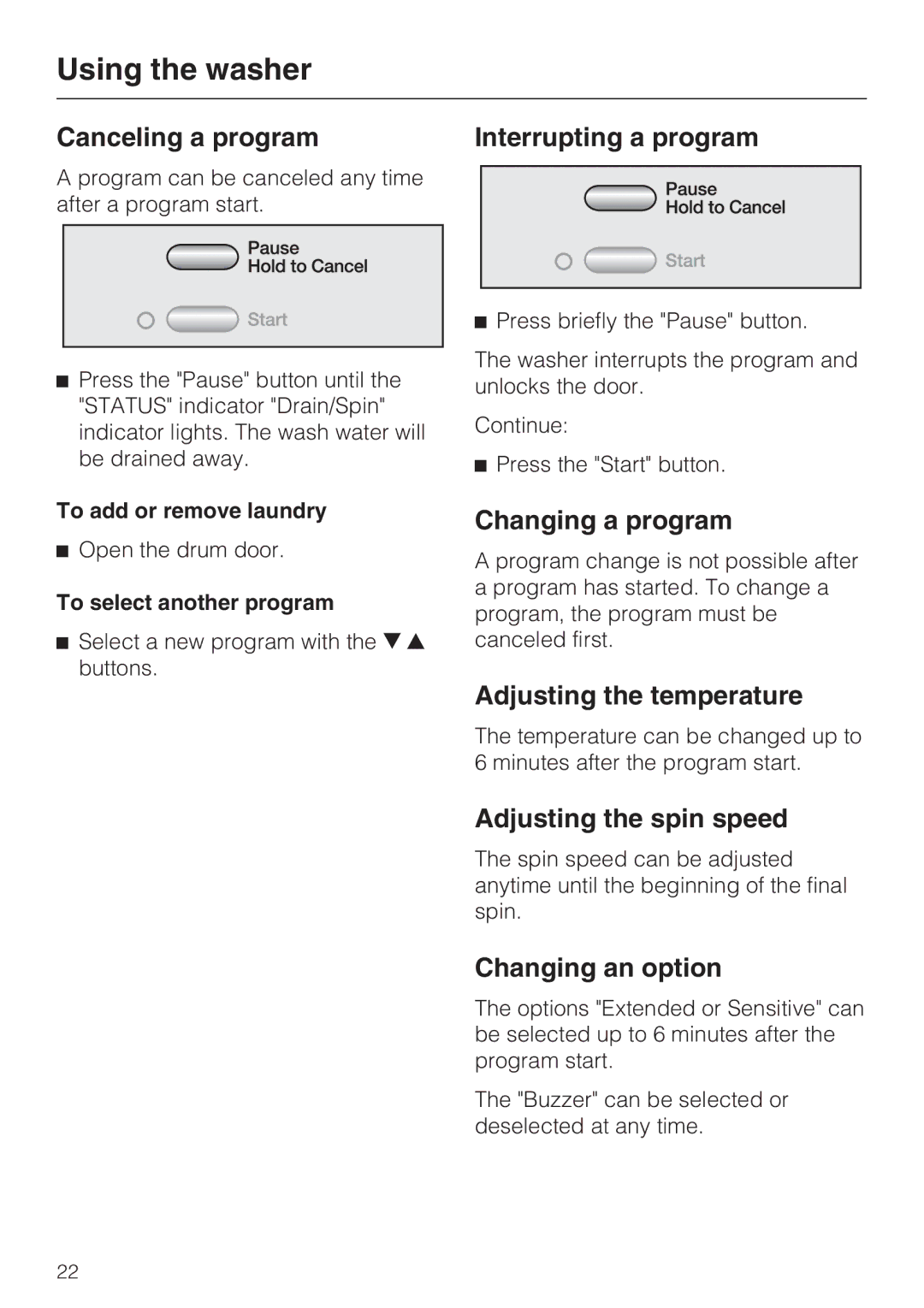 Miele W 4800 Canceling a program, Interrupting a program, Changing a program, Adjusting the temperature 