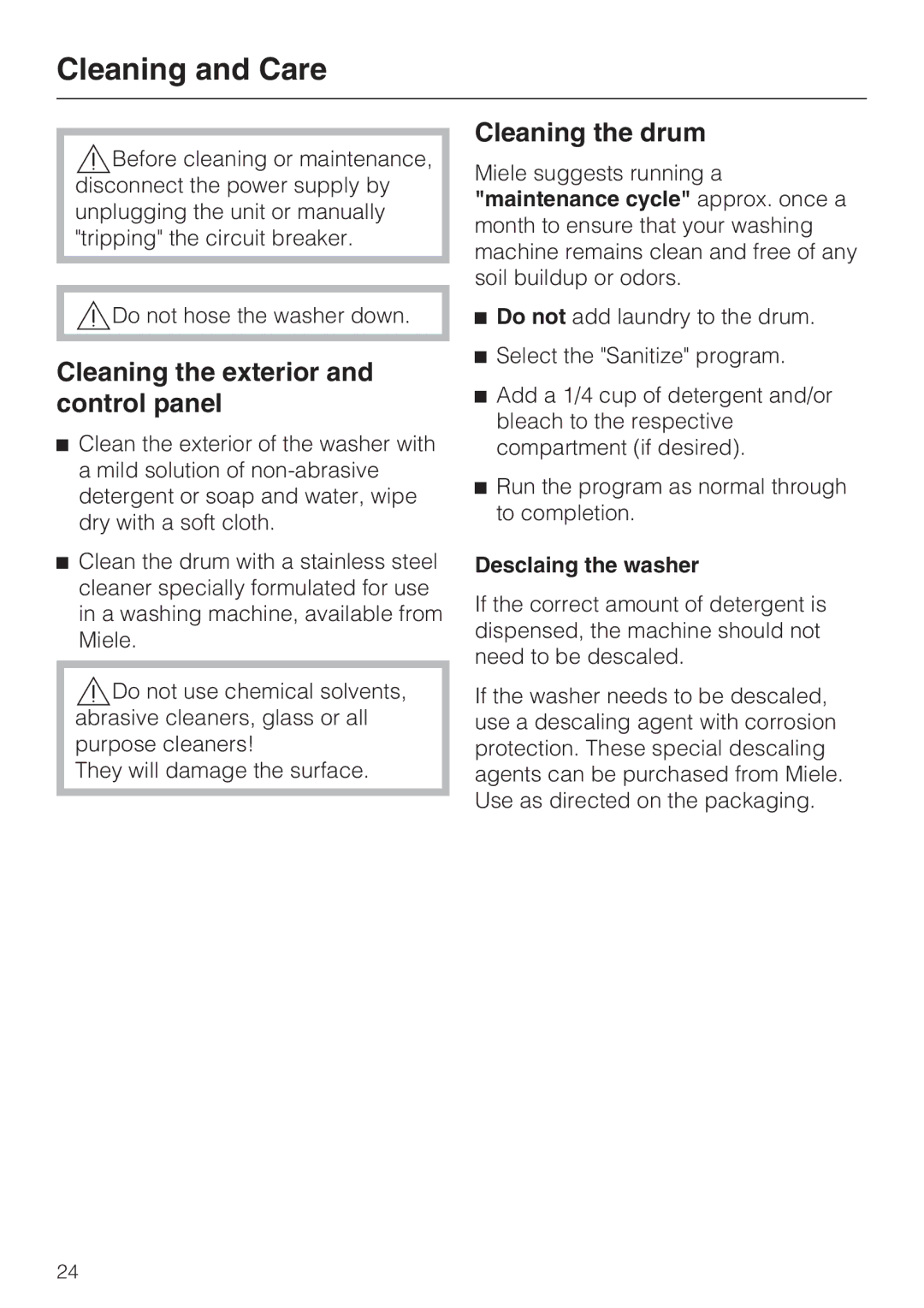 Miele W 4800 Cleaning and Care, Cleaning the exterior and control panel, Cleaning the drum, Desclaing the washer 