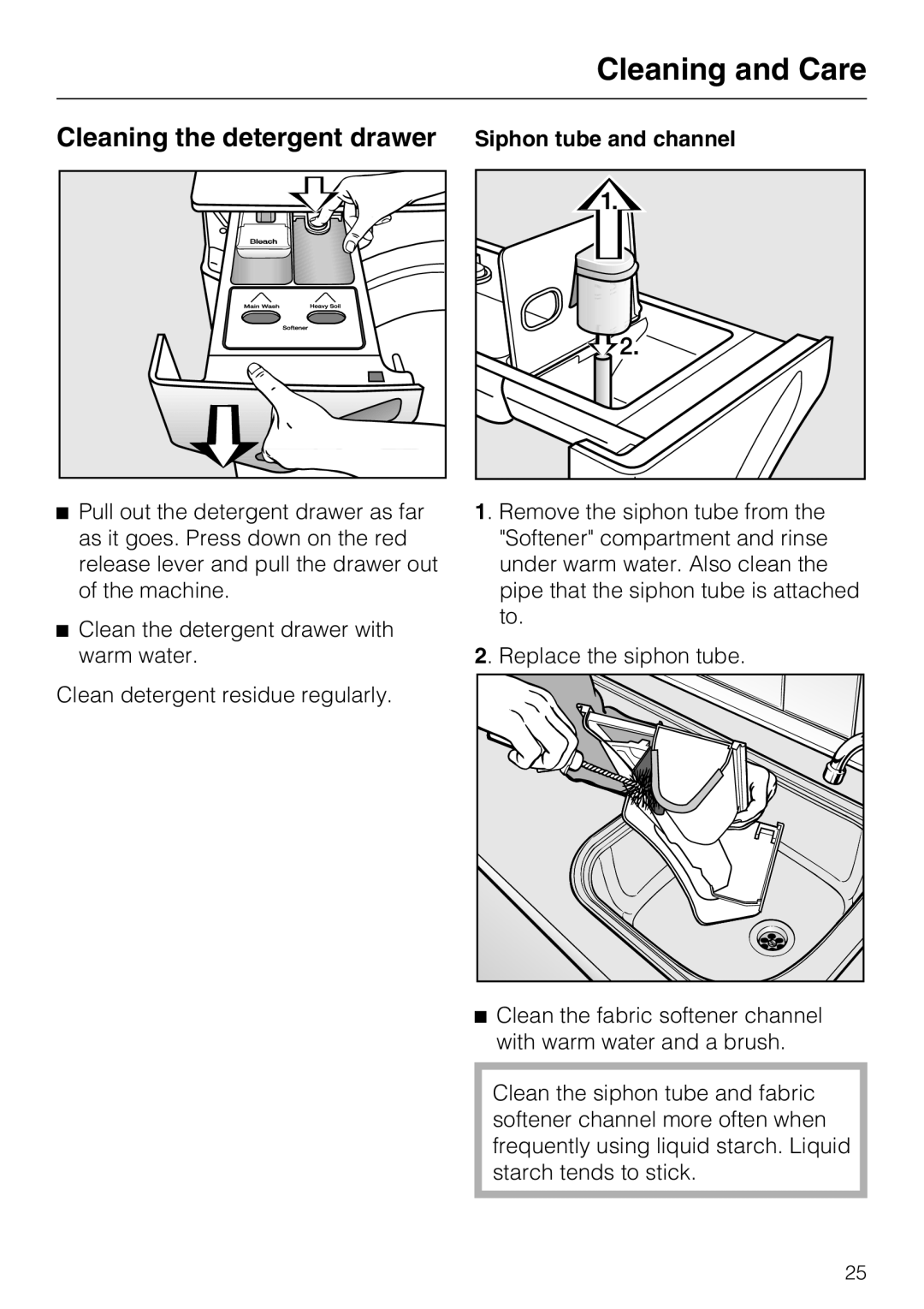 Miele W 4800 installation instructions Cleaning the detergent drawer, Siphon tube and channel 