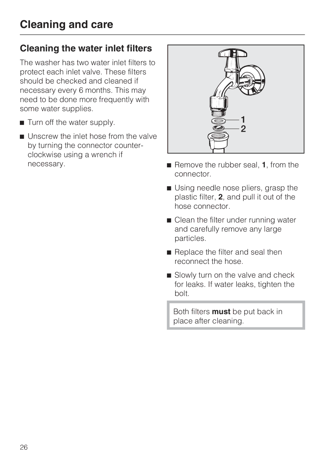 Miele W 4800 installation instructions Cleaning the water inlet filters 