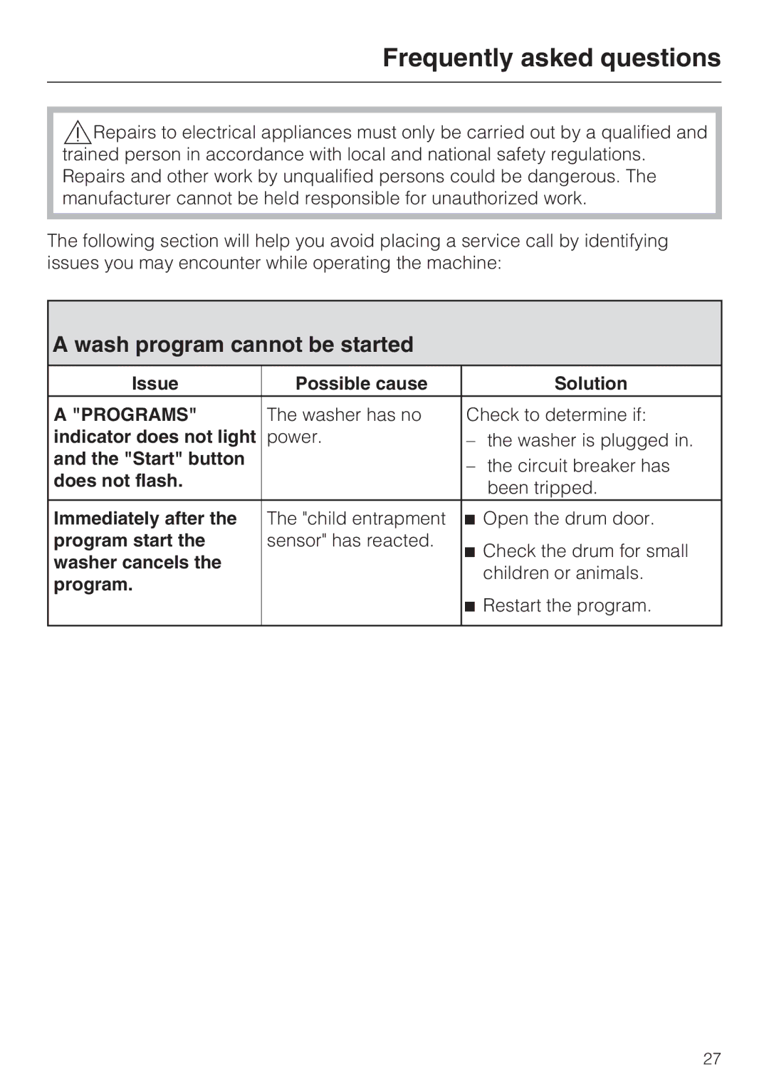 Miele W 4800 installation instructions Frequently asked questions, Wash program cannot be started 