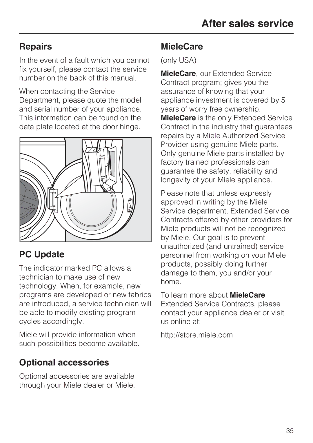 Miele W 4800 installation instructions After sales service, Repairs, PC Update, Optional accessories, MieleCare 