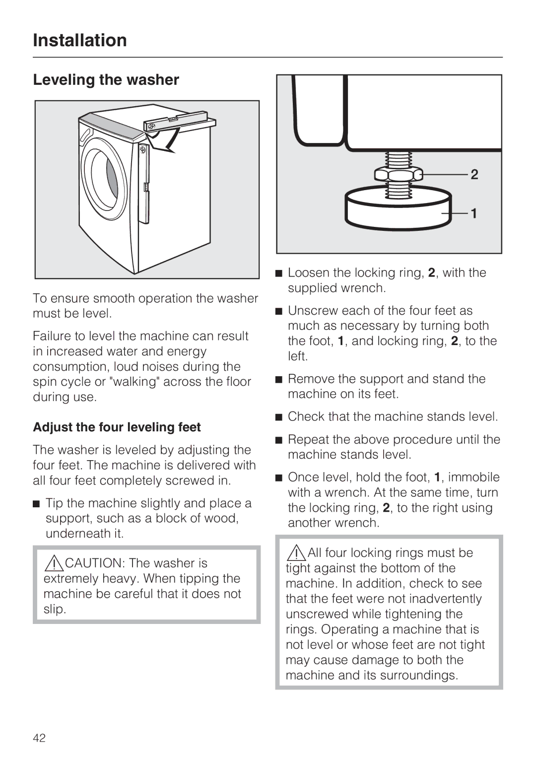 Miele W 4800 installation instructions Leveling the washer, Adjust the four leveling feet 