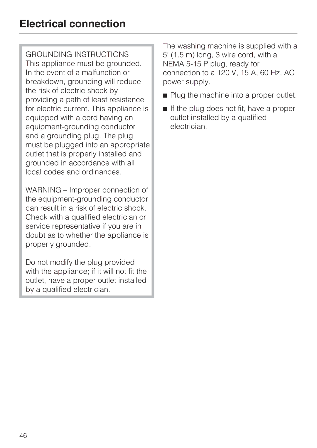 Miele W 4800 installation instructions Electrical connection 