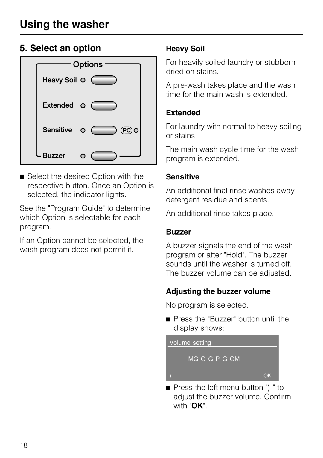 Miele W 4840 installation instructions Select an option, Extended, Sensitive, Buzzer, Adjusting the buzzer volume 