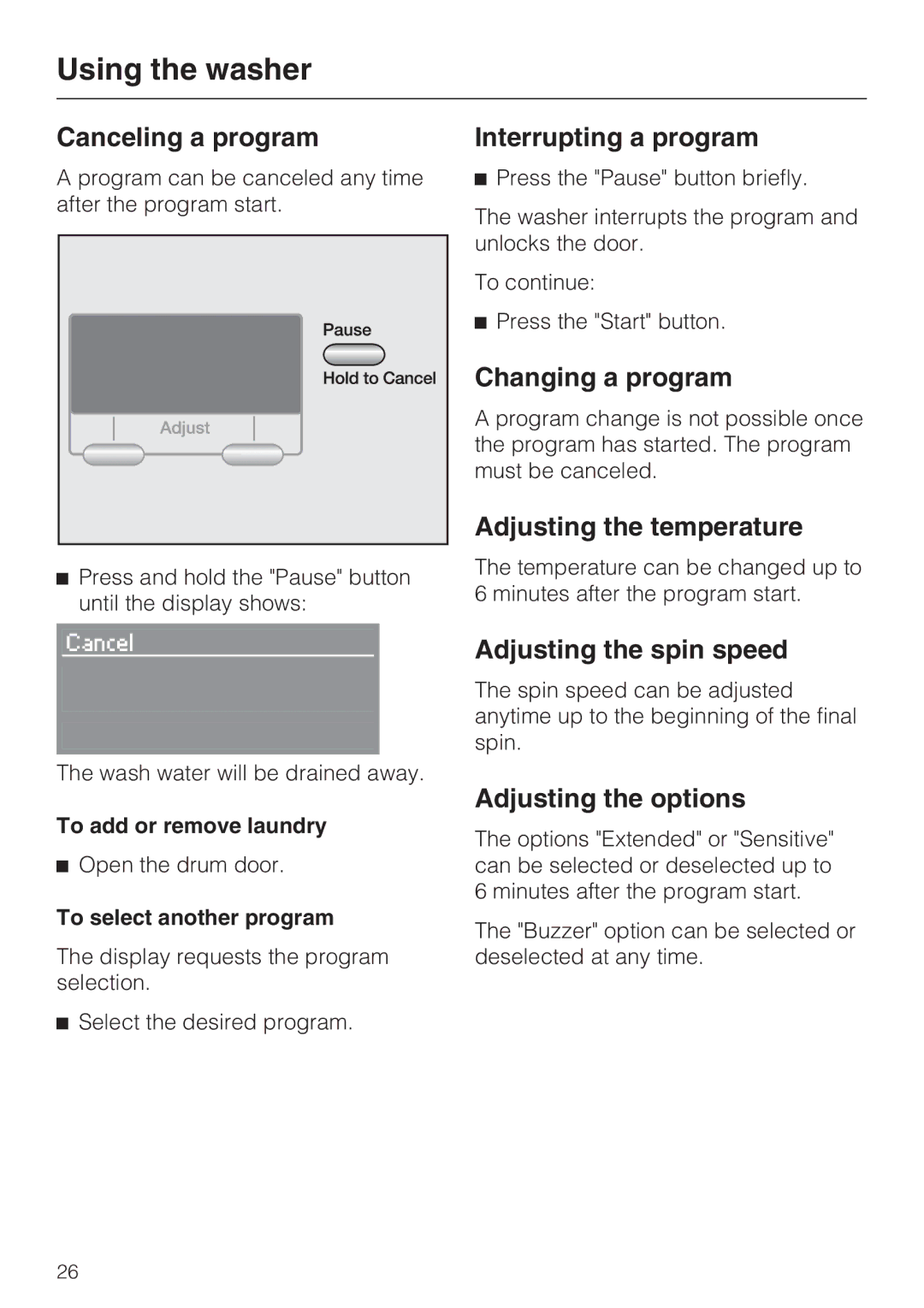 Miele W 4840 Canceling a program, Interrupting a program, Changing a program, Adjusting the temperature 