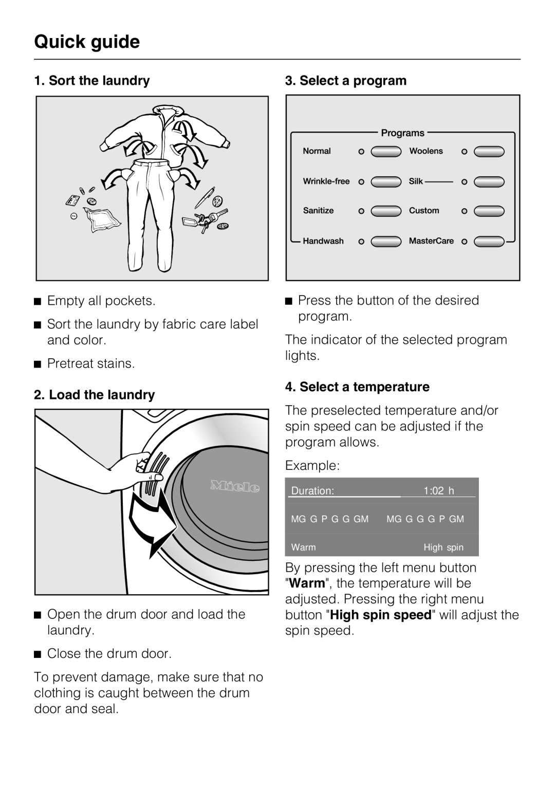 Miele W 4840 Quick guide, Sort the laundry, Load the laundry, Select a program, Select a temperature 