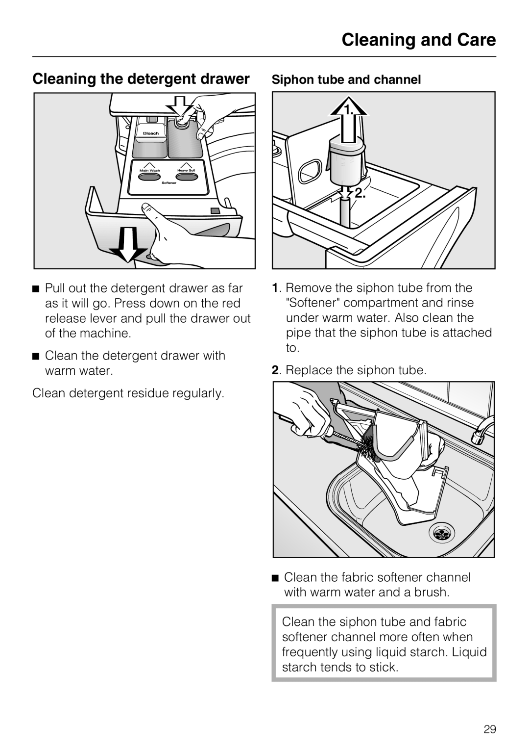 Miele W 4840 installation instructions Cleaning the detergent drawer, Siphon tube and channel 