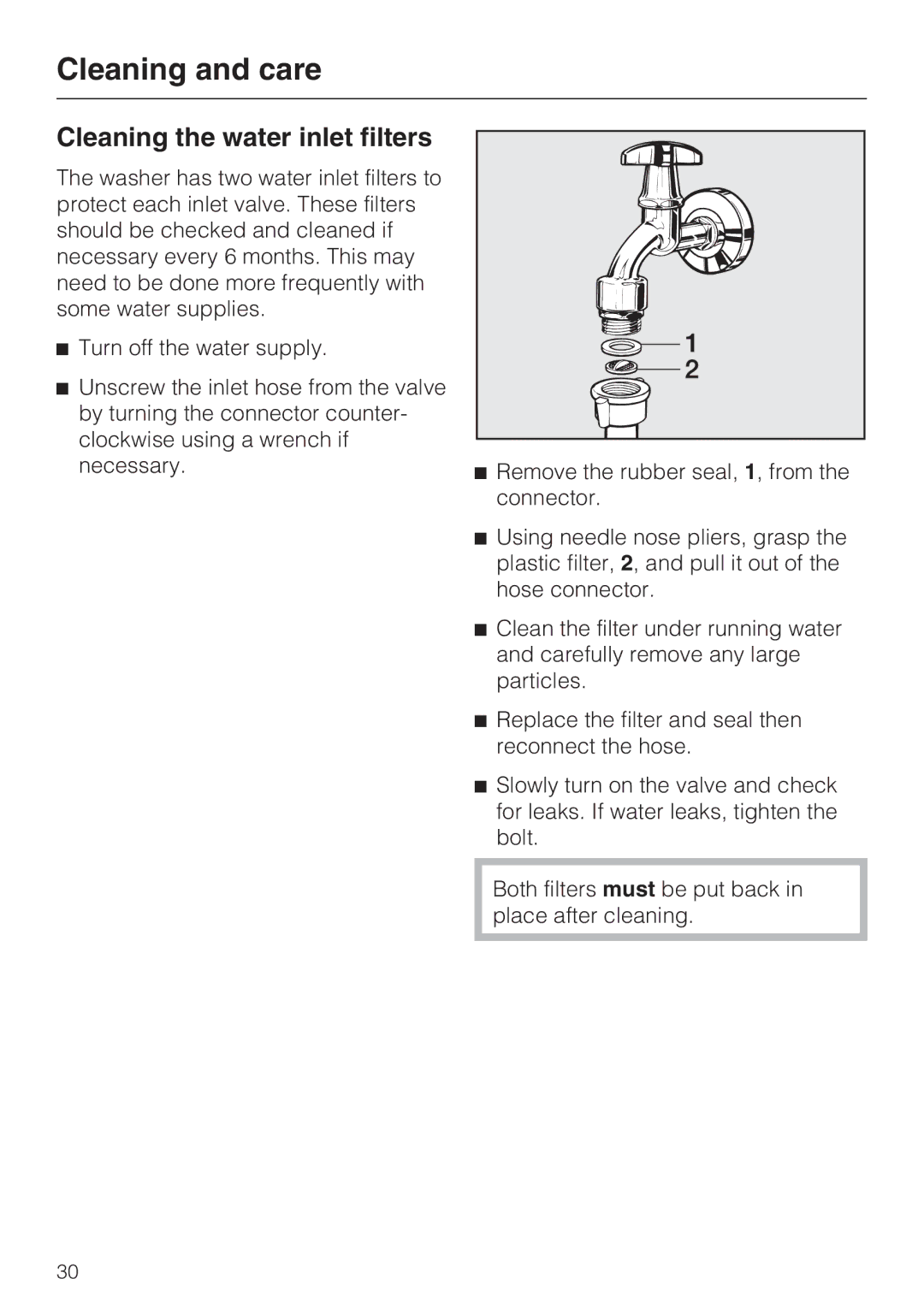 Miele W 4840 installation instructions Cleaning the water inlet filters 