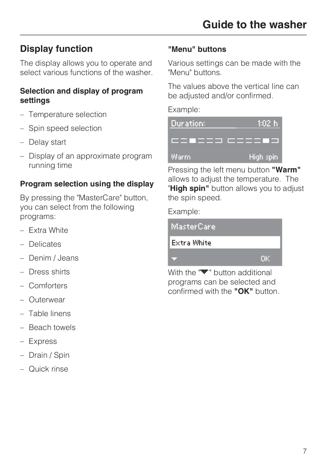 Miele W 4840 Display function, Selection and display of program settings, Program selection using the display 