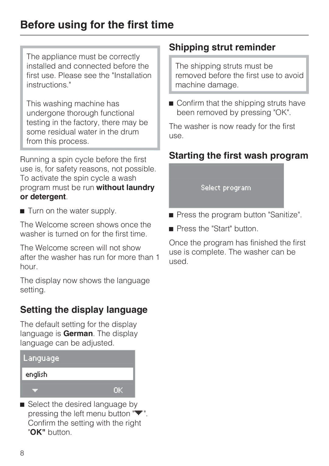 Miele W 4840 Before using for the first time, Setting the display language, Shipping strut reminder 