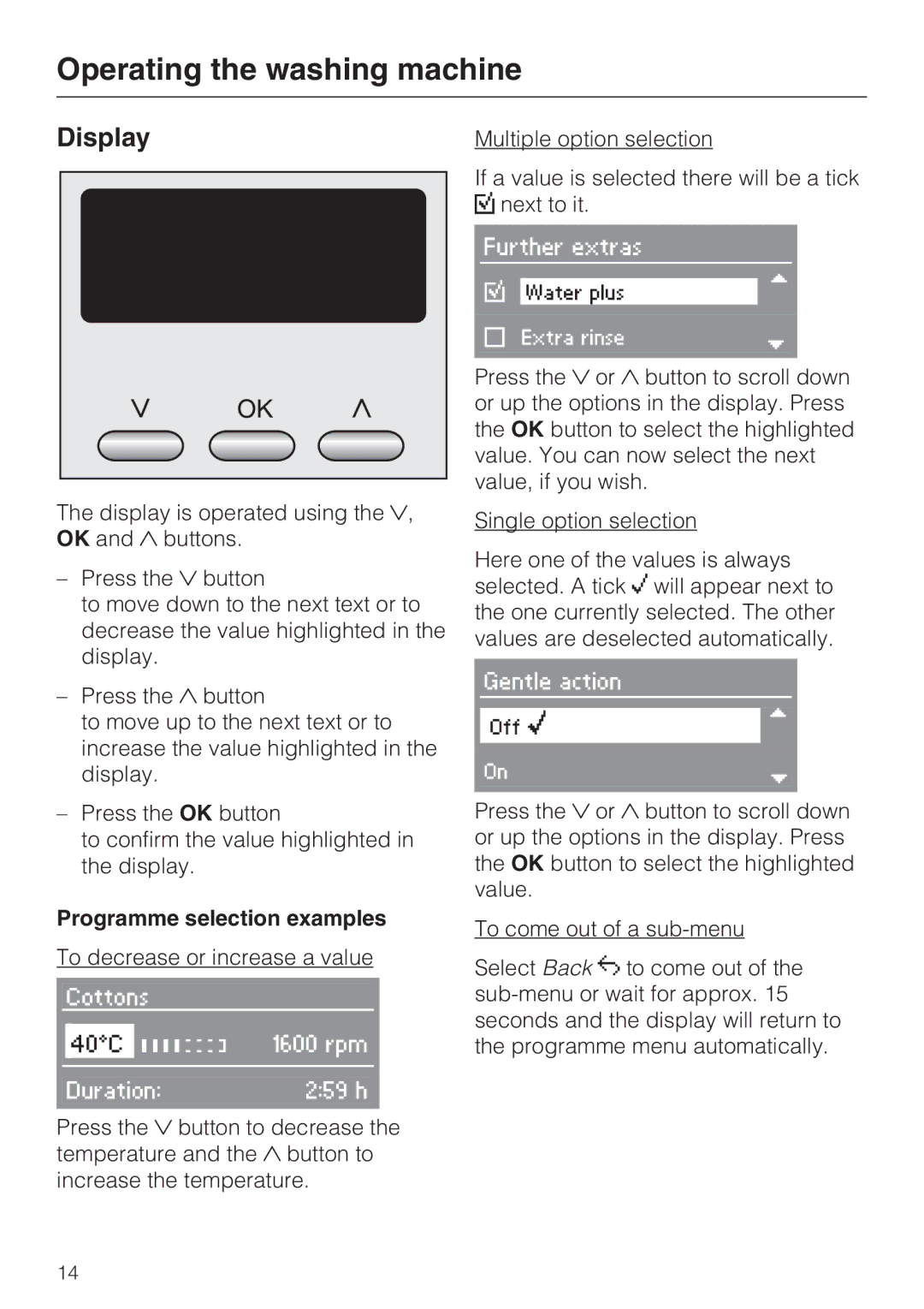 Miele W 5964 WP operating instructions Display, Programme selection examples 