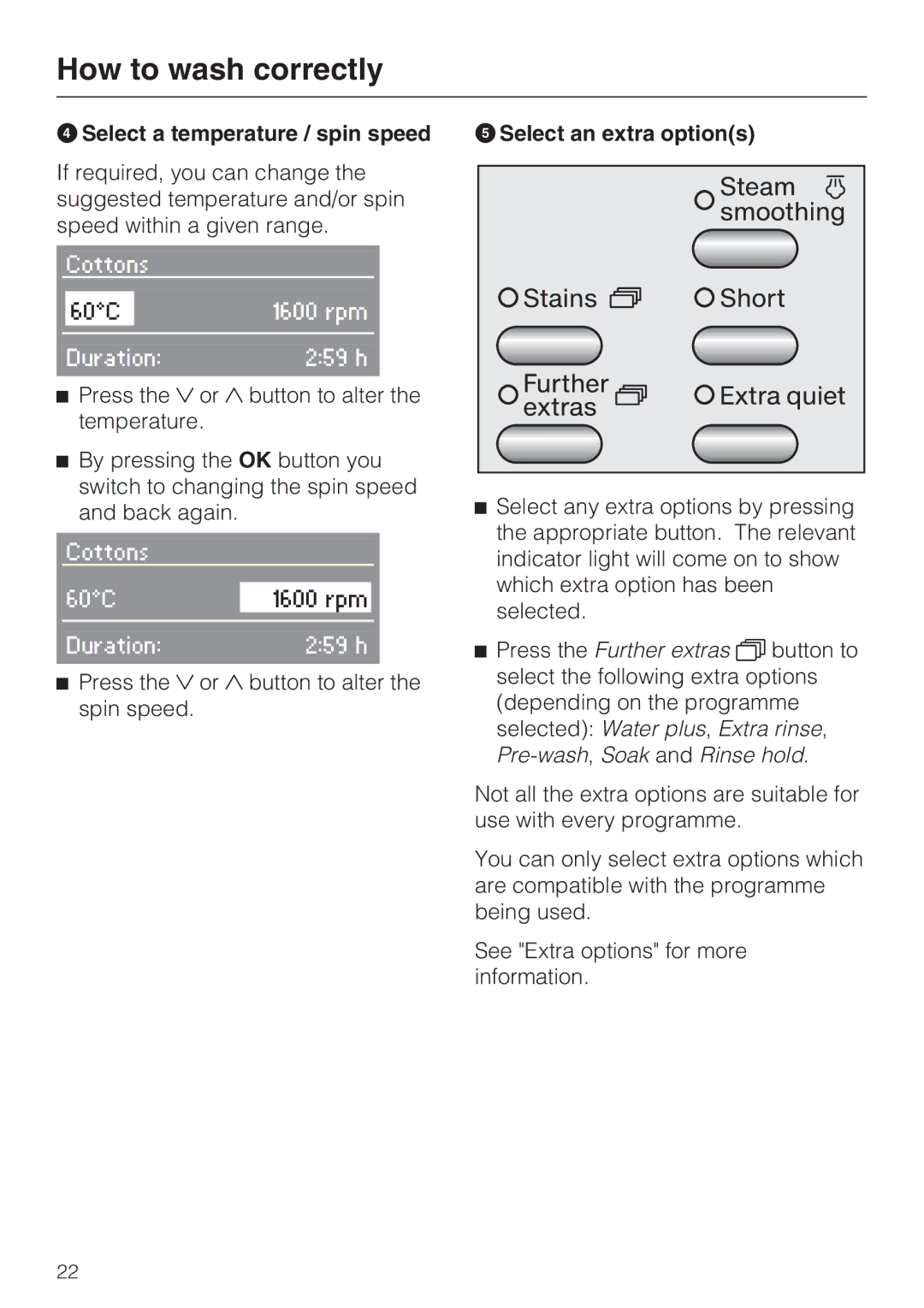 Miele W 5964 WP operating instructions Select a temperature / spin speed, Select an extra options 