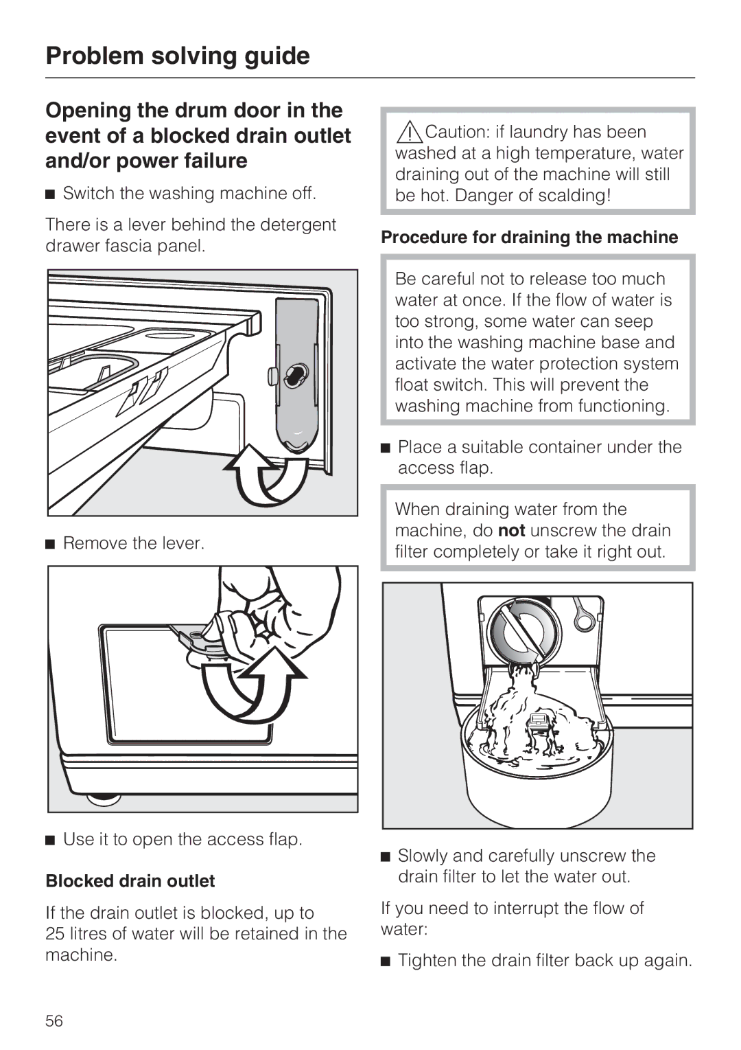 Miele W 5964 WP operating instructions Procedure for draining the machine, Blocked drain outlet 