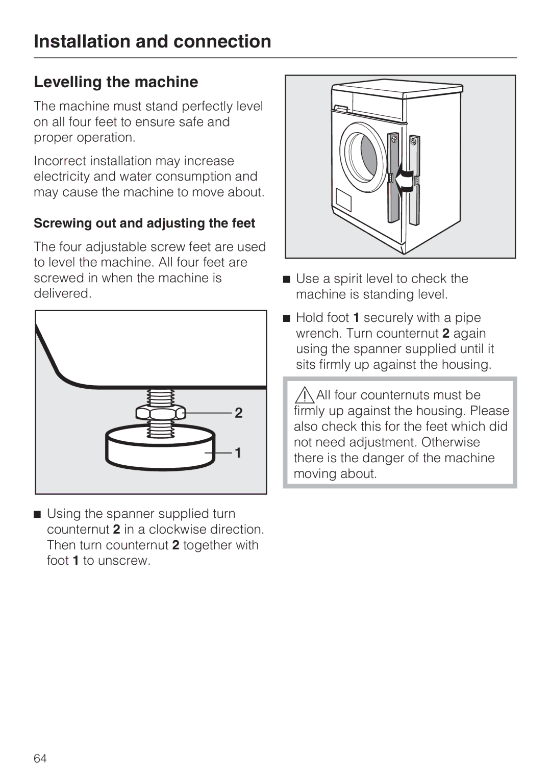 Miele W 5964 WP operating instructions Levelling the machine, Screwing out and adjusting the feet 