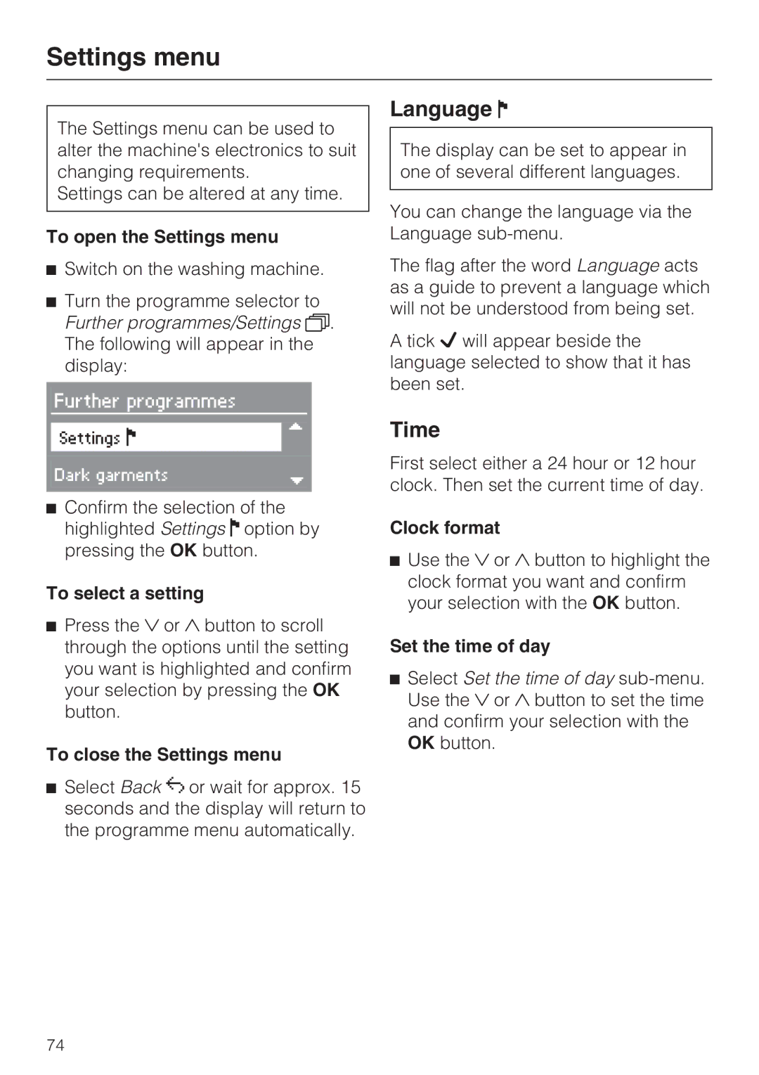 Miele W 5964 WP operating instructions Settings menu, Language, Time 