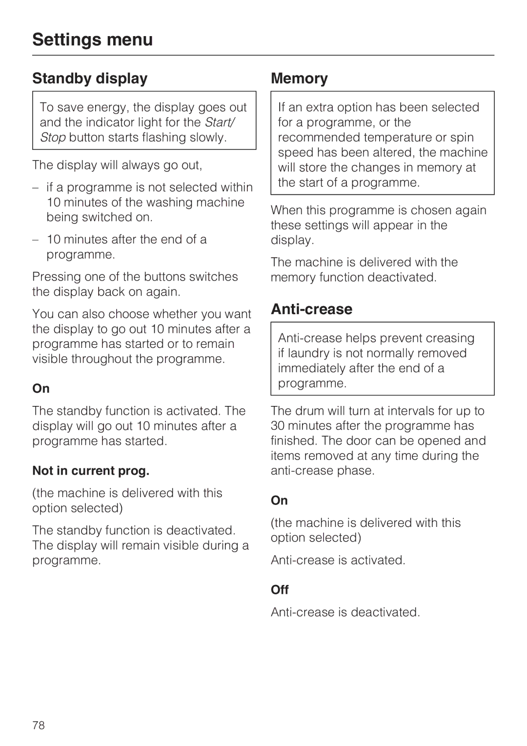 Miele W 5964 WP operating instructions Standby display Memory, Anti-crease, Not in current prog 